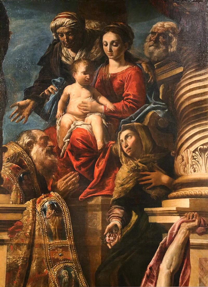Santa Rosa e un santo vescovo intercedono alla Sacra Famiglia per un appestato - dettaglio